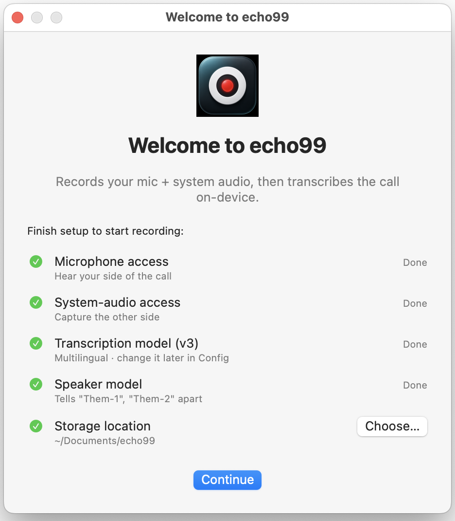 The same echo99 welcome window with every checklist row showing a green check and Done, and the Continue button active.